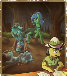 Size: 2815x3217 | Tagged: safe, artist:littletigressda, daring do, earth pony, pegasus, pony, unicorn, fanfic:spectrum of lightning, series:daring did tales of an adventurer's companion, clearing, cloak, clothes, crying, dreadlocks, fanfic, fanfic art, gem, hat, high res, hoof on head, horn, jewelry, leg rings, necklace, open mouth, page, paper, shirt, tree