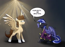 Size: 3000x2161 | Tagged: safe, artist:rutkotka, oc, oc only, oc:lightning flare, oc:skittle, pegasus, pony, clothes, commission, costume, duo, duo male, high res, male, pegasus oc, shadowbolts, shadowbolts costume, smug, spread wings, stallion, wings