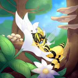 Size: 2000x2000 | Tagged: safe, artist:star-theft, oc, oc only, bee pony, original species, flower, high res, mushroom, solo, tree