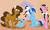 Size: 3000x1800 | Tagged: safe, artist:sixes&sevens, minuette, pegasus, pony, robot, unicorn, g4, blushing, braxiatel, doctor who, facial hair, k-9, knife, laughing, leela, lineless, moustache, narvin, necktie, ponified, romana