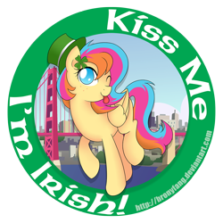 Size: 1000x1000 | Tagged: safe, artist:bronyfang, oc, oc only, oc:golden gates, pegasus, pony, ;p, babscon, babscon mascots, clover, female, four leaf clover, golden gate bridge, hat, irish, kiss me, mare, no pupils, one eye closed, simple background, solo, tongue out, transparent background, uncial script