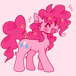 Size: 1000x1000 | Tagged: safe, artist:neonmckillme, pinkie pie, earth pony, pony, g4, ^^, chest fluff, emanata, eyes closed, open mouth, open smile, pink background, simple background, smiling, solo