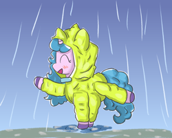 Size: 1800x1440 | Tagged: safe, artist:limitmj, izzy moonbow, pony, unicorn, g5, my little pony: a new generation, blushing, extended trot pose, eyes closed, female, happy, mare, open mouth, open smile, rain, raincoat, raised hoof, raised leg, smiling, solo, standing on two hooves, water