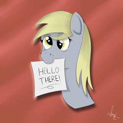 Size: 1200x1200 | Tagged: safe, artist:habiepon3, derpy hooves, pegasus, pony, g4, bust, cute, female, mare, mouth hold, paper, simple background, smiling, solo