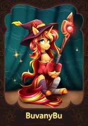 Size: 1668x2388 | Tagged: safe, artist:alrumoon_art, artist:buvanybu, sunset shimmer, pony, unicorn, g4, anime, belt, clothes, cloud, cloven hooves, collaboration, cosplay, costume, cute, dress, female, hat, hooves, horn, konosuba, megumin, scepter, shimmerbetes, smiling, solo, staff, sunset cosplay flashmob, witch hat