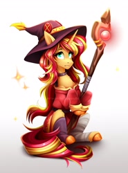 Size: 1416x1910 | Tagged: safe, alternate version, artist:buvanybu, sunset shimmer, pony, unicorn, g4, anime, belt, clothes, cloud, cloven hooves, collaboration, cosplay, costume, cute, dress, female, hat, hooves, horn, konosuba, megumin, scepter, shimmerbetes, smiling, solo, staff, sunset cosplay flashmob, watermark, witch hat
