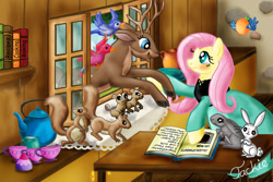 Size: 1701x1134 | Tagged: safe, artist:ebonypegasus, angel bunny, fluttershy, bird, deer, pegasus, pony, squirrel, g4, animatic, book, cookbook, fairy tale, female, pinkie tales, sleeping beauty, slumberjack