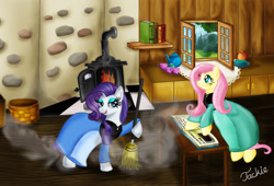 Size: 2344x1594 | Tagged: safe, artist:ebonypegasus, fluttershy, rarity, pegasus, pony, unicorn, g4, book, broom, cleaning, clothes, cottage, duo, fairy tale, female, pinkie tales, sleeping beauty, slumberjack, stove