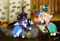 Size: 2344x1594 | Tagged: safe, artist:ebonypegasus, fluttershy, rarity, pegasus, pony, unicorn, g4, book, broom, cleaning, clothes, cottage, duo, eyes closed, fairy tale, female, pinkie tales, sleeping beauty, slumberjack, sneezing, stove