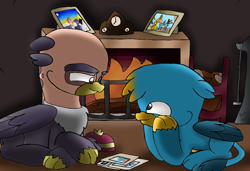 Size: 1280x876 | Tagged: safe, artist:beesmeliss, gallus, grampa gruff, griffon, g4, chibi, lying down, prone