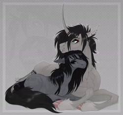 Size: 3000x2800 | Tagged: safe, artist:dementra369, oc, oc only, earth pony, pony, unicorn, eyeshadow, high res, leonine tail, lying down, makeup, piercing, prone, siblings, simple background, tail, unshorn fetlocks