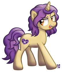 Size: 945x1092 | Tagged: safe, artist:serenamidori, oc, oc only, oc:lavender frappe, pony, unicorn, 2014, eyebrows, eyebrows visible through hair, female, full body, hooves, horn, mare, open mouth, open smile, orange eyes, raised eyebrow, simple background, smiling, solo, standing, tail, transparent background, unicorn oc