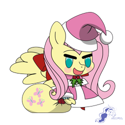 Size: 9934x9934 | Tagged: safe, artist:dimanizma, fluttershy, pegasus, pony, g4, absurd resolution, anime, bag, chibi, christmas, clothes, costume, cute, fate/stay night, female, filly, foal, happy new year, hat, hearth's warming eve, holiday, padoru, santa costume, santa hat, simple background, solo, spread wings, transparent background, watermark, wings