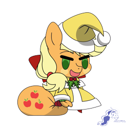 Size: 9934x9934 | Tagged: safe, artist:dimanizma, applejack, earth pony, pony, g4, absurd resolution, anime, bag, chibi, christmas, clothes, costume, cute, fate/stay night, female, filly, foal, happy new year, hat, hearth's warming eve, holiday, padoru, santa costume, santa hat, simple background, solo, transparent background, watermark