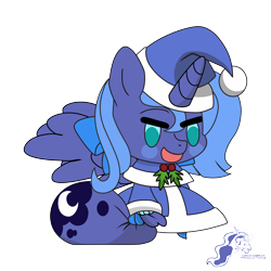 Size: 9934x9934 | Tagged: safe, artist:dimanizma, princess luna, alicorn, pony, g4, absurd resolution, anime, bag, chibi, christmas, clothes, costume, cute, fate/stay night, female, filly, foal, happy new year, hat, hearth's warming eve, holiday, horn, padoru, santa costume, santa hat, simple background, solo, spread wings, transparent background, watermark, wings, woona, younger