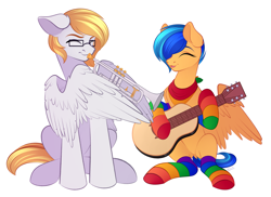 Size: 3997x2903 | Tagged: safe, artist:vetta, oc, oc only, oc:eclair winglain, oc:ludwig von leeb, pegasus, pony, blonde hair, clothes, female, guitar, high res, kerchief, male, mare, musical instrument, rainbow socks, simple background, socks, stallion, striped socks, trumpet, white background, wing hands, wings