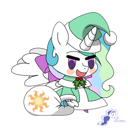 Size: 9934x9934 | Tagged: safe, artist:dimanizma, princess celestia, alicorn, pony, g4, absurd resolution, anime, bag, chibi, christmas, clothes, costume, cute, fate/stay night, female, filly, foal, happy new year, hat, hearth's warming eve, holiday, horn, padoru, santa costume, santa hat, simple background, solo, spread wings, transparent background, watermark, wings