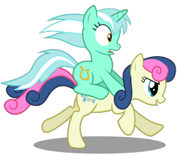 Size: 4860x4360 | Tagged: safe, artist:mundschenk85, bon bon, lyra heartstrings, sweetie drops, earth pony, pony, unicorn, g4, absurd resolution, background pony, duo, duo female, female, hooves, horn, lyra riding bon bon, mare, open mouth, open smile, ponies riding ponies, riding, running, shadow, ship:lyrabon, shipping, shocked, show accurate, shrunken pupils, simple background, smiling, tail, transparent background, two toned mane, two toned tail, vector