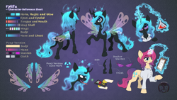 Size: 1536x864 | Tagged: safe, artist:calena, oc, oc only, oc:queen fylifa, changeling, changeling queen, antennae, blue changeling, changeling oc, changeling queen oc, chemicals, chemistry, fairy wings, female, radioactive, reference sheet, wings
