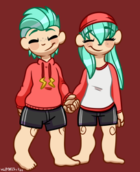 Size: 1458x1787 | Tagged: safe, artist:walpurgie, barley barrel, pickle barrel, human, rainbow roadtrip, barrel twins, brother and sister, clothes, eyes closed, female, holding hands, hoodie, humanized, male, shorts, siblings, smiling, twins