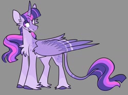 Size: 1282x948 | Tagged: safe, artist:rockin_candies, twilight sparkle, alicorn, pony, g4, alternate design, butt fluff, curved horn, female, freckles, gray background, horn, leonine tail, simple background, smiling, solo, tail, twilight sparkle (alicorn), unshorn fetlocks, wings