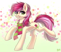 Size: 3200x2750 | Tagged: safe, artist:hakaina, roseluck, earth pony, pony, g4, bubble, cheek fluff, clothes, cute, ear fluff, eyelashes, female, full body, green eyes, high res, hock fluff, leg fluff, looking at you, mare, raised hoof, raised leg, rosabetes, scarf, shading, signature, smiling, smiling at you, solo, standing on two hooves, striped scarf, tail, teeth