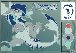 Size: 2566x1819 | Tagged: safe, artist:beardie, oc, oc only, oc:plimmyra, original species, shark, shark pony, belly fluff, bubble, chest fluff, color palette, commission, cutie mark, eye clipping through hair, fish tail, floppy ears, high res, hoof on chest, looking at you, lying down, no pupils, on back, pale belly, red eyes, reference sheet, shark tail, smiling, smiling at you, solo, spread legs, spreading, tail, underhoof, underwater, water