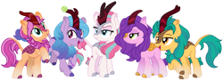 Size: 1024x372 | Tagged: safe, artist:emeraldblast63, hitch trailblazer, izzy moonbow, pipp petals, sunny starscout, zipp storm, kirin, g5, my little pony: a new generation, ball, eyebrows, female, horn, hornball, izzy's tennis ball, kirin-ified, male, mane five, open mouth, open smile, raised hoof, simple background, smiling, species swap, tennis ball, transparent background