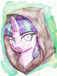 Size: 900x1201 | Tagged: safe, alternate version, artist:grissaecrim, starlight glimmer, pony, unicorn, g4, bust, cloak, clothes, experiment, fanfic, fanfic art, fanfic cover, female, green background, looking at you, mare, portrait, simple background, smiling, solo, traditional art, watercolor painting