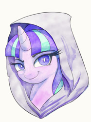 Size: 900x1201 | Tagged: safe, alternate version, artist:grissaecrim, starlight glimmer, pony, unicorn, g4, bust, cloak, clothes, experiment, fanfic, fanfic art, fanfic cover, female, looking at you, mare, portrait, simple background, smiling, solo, traditional art, watercolor painting, white background