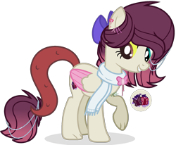 Size: 1803x1488 | Tagged: safe, artist:cheekycheesefan101, oc, oc:scarlet shadow, butterfly, hybrid, accessory, clothes, colored wings, cutie mark, female, heterochromia, interspecies offspring, mare, offspring, parent:discord, parent:fluttershy, parents:discoshy, scarf, simple background, solo, transparent background, two toned wings, wings, yellow sclera