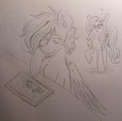 Size: 2596x2562 | Tagged: safe, artist:dreamy990, oc, oc only, oc:shadow starbook, oc:sketchwork, bat pony, pegasus, pony, female, high res, mare, monochrome, tablet, traditional art