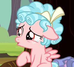 Size: 800x719 | Tagged: safe, screencap, cozy glow, pegasus, pony, g4, marks for effort, season 8, animated, bag, bags, bow, cropped, crying, curly mane, female, filly, floppy ears, foal, freckles, gif, poor thing, sad, sniffing, sniffling, solo, talking, teary eyes, tree, wings