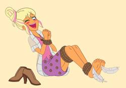 Size: 1280x903 | Tagged: safe, artist:crock2121, chestnut magnifico, equestria girls, g4, barefoot, blushing, bondage, boots, clothes, crying, feather, feet, female, fetish, foot fetish, foot focus, laughing, open mouth, shoes, skirt, soles, solo, tears of laughter, tickle fetish, tickle torture, tickling, toes