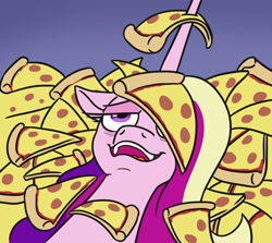 Size: 662x590 | Tagged: safe, artist:jargon scott, princess cadance, alicorn, pony, g4, female, food, gradient background, horn, horn impalement, lidded eyes, lying down, mare, meat, on back, open mouth, open smile, peetzer, pepperoni, pepperoni pizza, pizza, smiling, solo, that pony sure does love pizza