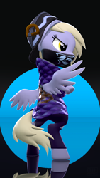 Size: 2160x3840 | Tagged: safe, artist:owlpirate, derpy hooves, pegasus, pony, g4, 3d, 4k, bipedal, clothes, face mask, hat, high res, jacket, k/da, mask, solo, source filmmaker, spread wings, wings
