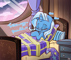 Size: 1500x1260 | Tagged: safe, artist:lou, derpibooru exclusive, trixie, pony, unicorn, g4, bed, bedroom, clothes, cottagecore, cute, diatrixes, eyes closed, female, hat, mare, onomatopoeia, pillow, signature, sleeping, smiling, solo, sound effects, sweet dreams fuel, text, trixie's hat, window, zzz