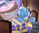 Size: 1500x1260 | Tagged: safe, artist:lou, derpibooru exclusive, trixie, pony, unicorn, bed, bedroom, clothes, cute, diatrixes, eyes closed, female, hat, mare, onomatopoeia, pillow, signature, sleeping, smiling, solo, sound effects, sweet dreams fuel, text, trixie's hat, window, zzz