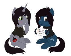 Size: 2015x1580 | Tagged: safe, artist:dyonys, oc, earth pony, pony, undead, zombie, zombie pony, blushing, bring me the horizon, clothes, commission, disguise, disguised siren, duo, duo male, fangs, gay, holiday, horn, jewelry, kellin quinn, male, necklace, oliver sykes, scar, shipping, shirt, sign, simple background, sitting, sleeping with sirens, slit pupils, smiling, stallion, stallion on stallion, stitches, tattoo, text, torn ear, transparent background, valentine, valentine's day, ych result