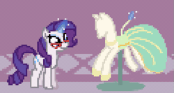 Size: 659x350 | Tagged: safe, artist:dyonys, rarity, pony, unicorn, g4, animated, carousel boutique, clothes, dress, female, glasses, magic, mare, pixel art, sewing