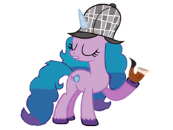 Size: 1280x960 | Tagged: safe, artist:detectivefrankie, izzy moonbow, pony, unicorn, g4, g5, my little pony: a new generation, backwards cutie mark, deerstalker, detective, detective izzy, eyes closed, female, g5 to g4, hat, mare, pipe, sherlock holmes, simple background, solo, transparent background