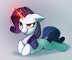 Size: 1400x1160 | Tagged: safe, artist:taneysha, rarity, pony, unicorn, g5, my little pony: a new generation, chest fluff, evil rarity, female, glowing, glowing horn, horn, lying down, mare, possessed, prone, red eyes, sharp teeth, solo, sproutity, teeth