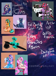 Size: 1280x1729 | Tagged: dead source, safe, artist:cosmiclitgalaxy, fluttershy, hitch trailblazer, starlight glimmer, trixie, oc, earth pony, pegasus, pony, unicorn, g4, g5, my little pony: a new generation, advertisement, commission info, commission open