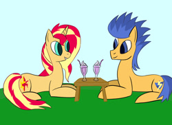Size: 1280x930 | Tagged: safe, artist:icedragon2269, flash sentry, sunset shimmer, pegasus, pony, unicorn, g4, female, grin, looking at each other, looking at someone, lying down, male, milkshake, prone, ship:flashimmer, shipping, smiling, straight