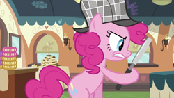 Size: 994x559 | Tagged: safe, screencap, pinkie pie, earth pony, pony, g4, mmmystery on the friendship express, season 2, bipedal, cake, deerstalker, detective, female, food, hat, magnifying glass, mare, narrowed eyes, sherlock holmes, sherlock pie, solo