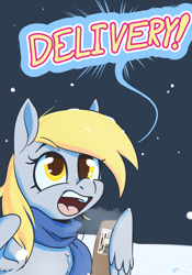 Size: 1400x2000 | Tagged: safe, artist:storyteller, derpy hooves, pegasus, pony, g4, box, breath, clothes, cute, female, mare, package, scarf, snow, solo, speech bubble, yelling
