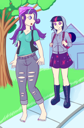 Size: 1949x2957 | Tagged: safe, artist:php93, sci-twi, starlight glimmer, twilight sparkle, equestria girls, g4, barefoot, barefooting, clothes, duo, feet, jeans, pants, ripped jeans, ripped pants, sweater, torn clothes