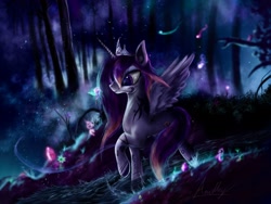Size: 2048x1536 | Tagged: safe, artist:andley, oc, oc only, oc:shining dusk, alicorn, pony, crown, crystal, dream, female, flower, forest, grass, jewelry, magic, mare, night, regalia, smiling, solo, tattoo, tree, walking, water