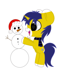 Size: 789x1013 | Tagged: safe, artist:starbatto, oc, oc only, oc:seigwestwood, pony, unicorn, chibi, christmas, clothes, happy, hat, holiday, male, santa hat, scarf, simple background, snowman, solo, transparent background