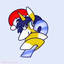 Size: 1000x1000 | Tagged: safe, artist:vommutt, oc, oc only, oc:seigwestwood, pony, unicorn, candy, candy cane, christmas, commission, food, hat, holiday, male, minimalist, santa hat, simple background, solo, ych result